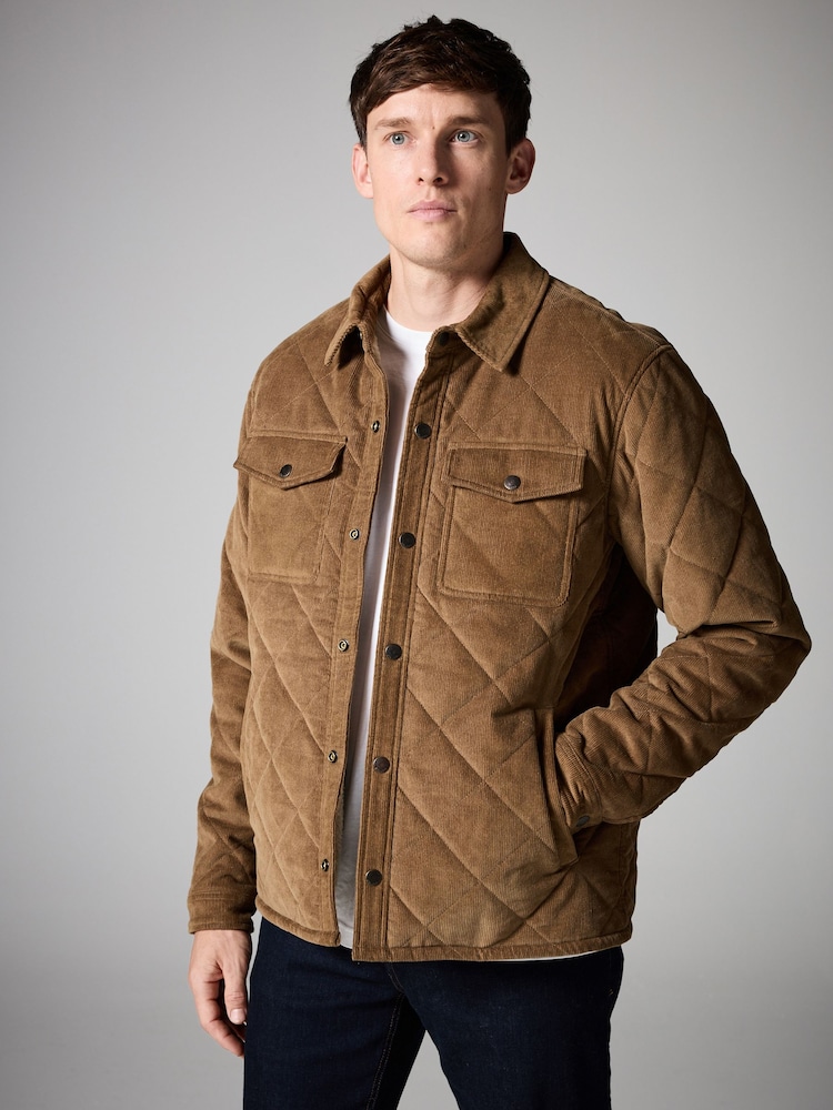 Tan Brown Borg Lined Diamond Quilt Corduroy Shacket - Image 1 of 10