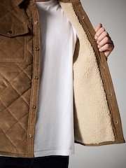 Tan Brown Borg Lined Diamond Quilt Corduroy Shacket - Image 5 of 10