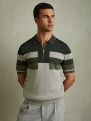 Reiss Green Verde Knitted Colourblock Half-Zip Polo Shirt - Image 1 of 5