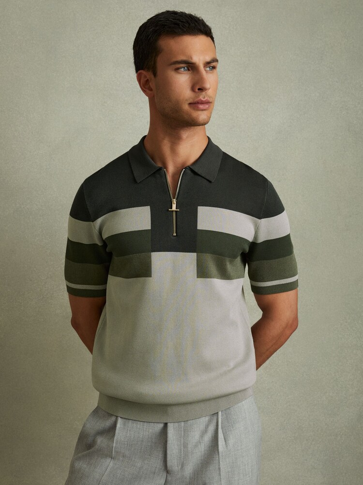 Reiss Green Verde Knitted Colourblock Half-Zip Polo Shirt - Image 1 of 5