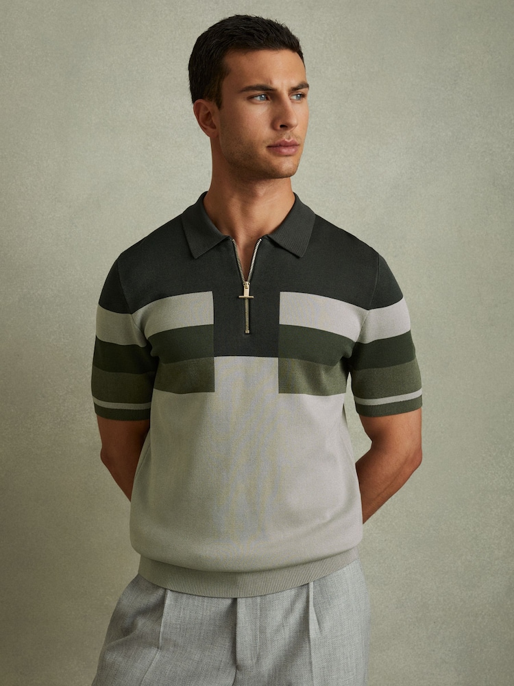 Reiss Green Verde Knitted Colourblock Half-Zip Polo Shirt - Image 1 of 5 Reiss Green Verde Knitted Colourblock Half-Zip Polo Shirt - Image 1 of 5