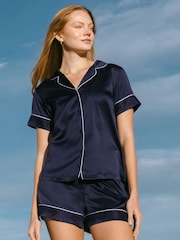 Blauw - Chelsea Peers - Korte pyjamaset van satijn met kanten rand - Image 1 of 5
