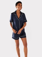 Blauw - Chelsea Peers - Korte pyjamaset van satijn met kanten rand - Image 4 of 5