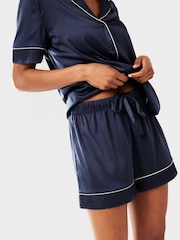 Blauw - Chelsea Peers - Korte pyjamaset van satijn met kanten rand - Image 5 of 5