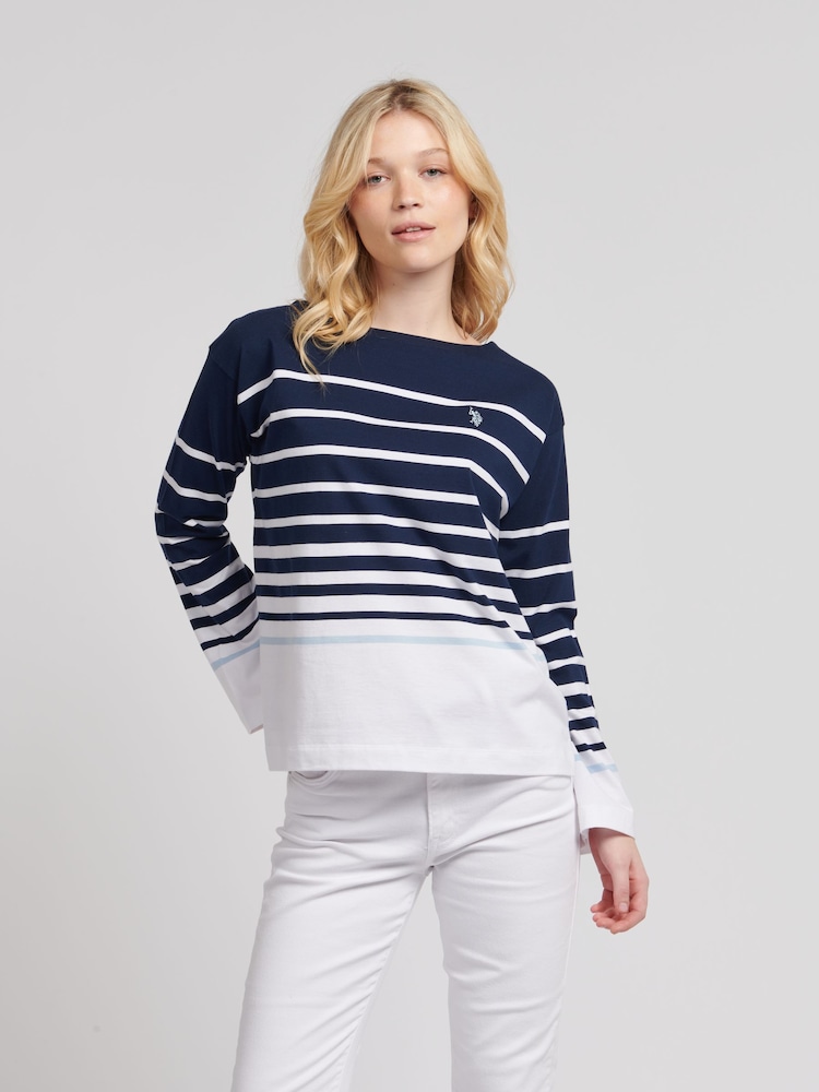 U.S. Polo Assn. Blue Womens Reverse Stripe Boat Neck 100% Cotton T-Shirt - Image 1 of 7