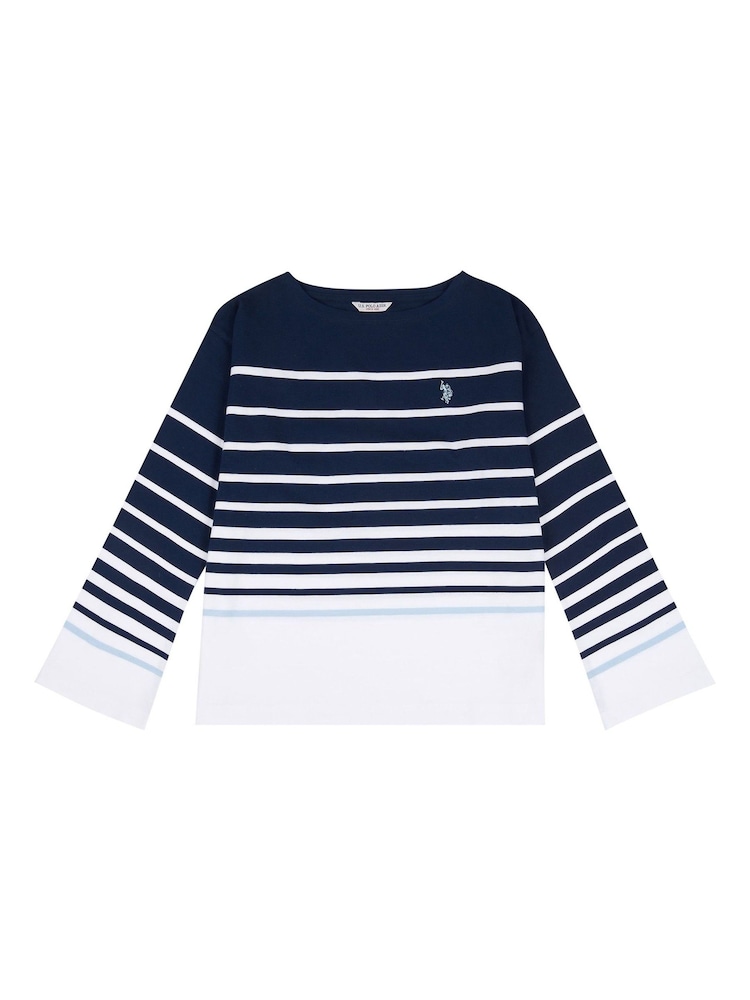 U.S. Polo Assn. Blue Womens Reverse Stripe Boat Neck 100% Cotton T-Shirt - Image 5 of 7