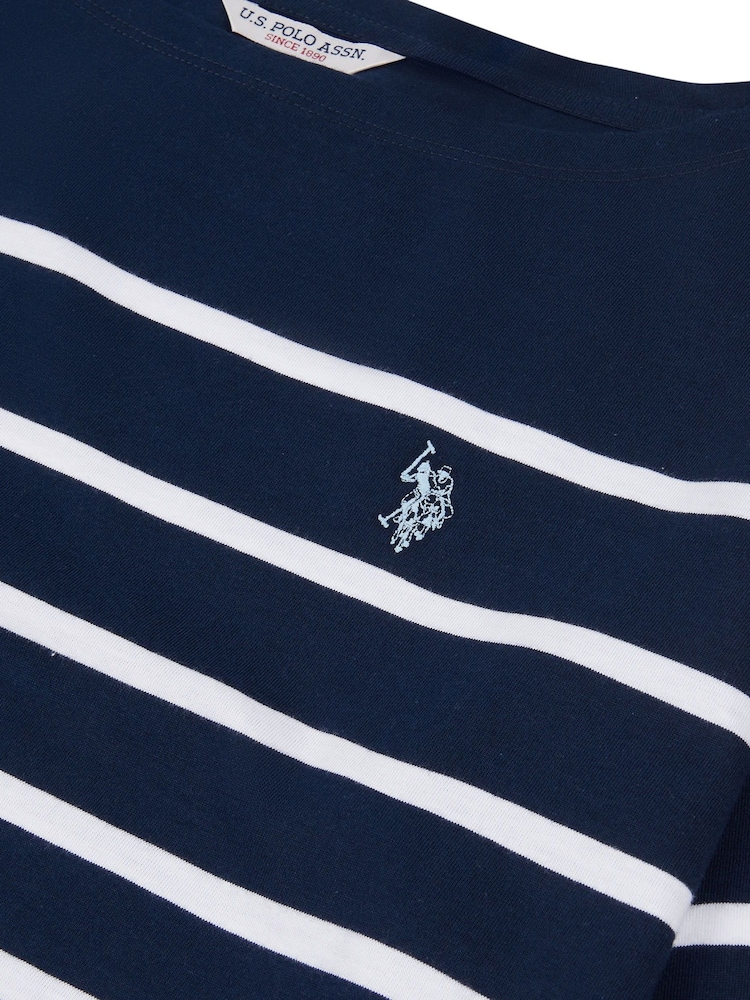 U.S. Polo Assn. Blue Womens Reverse Stripe Boat Neck 100% Cotton T-Shirt - Image 7 of 7