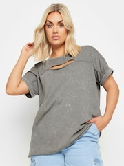 Yours Curve Grey 100% Cotton Acid Wash Cut Out T-Shirt - Image 1 of 5