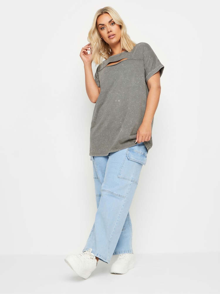 Yours Curve Grey 100% Cotton Acid Wash Cut Out T-Shirt - Image 2 of 5