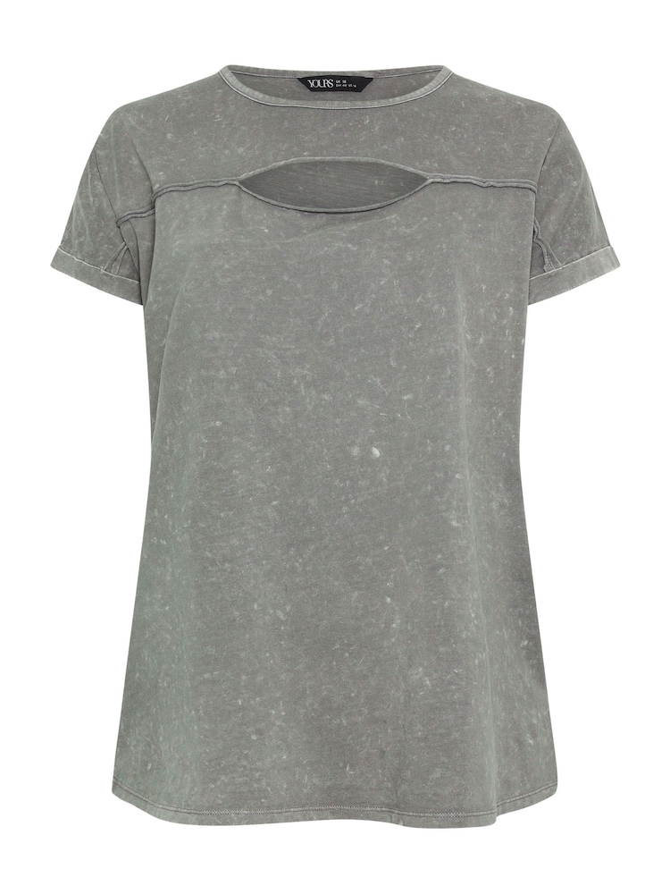 Yours Curve Grey 100% Cotton Acid Wash Cut Out T-Shirt - Image 5 of 5