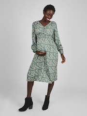 JoJo Maman Bébé Green & Yellow Floral V-Neck Maternity Midi Dress - Image 1 of 4
