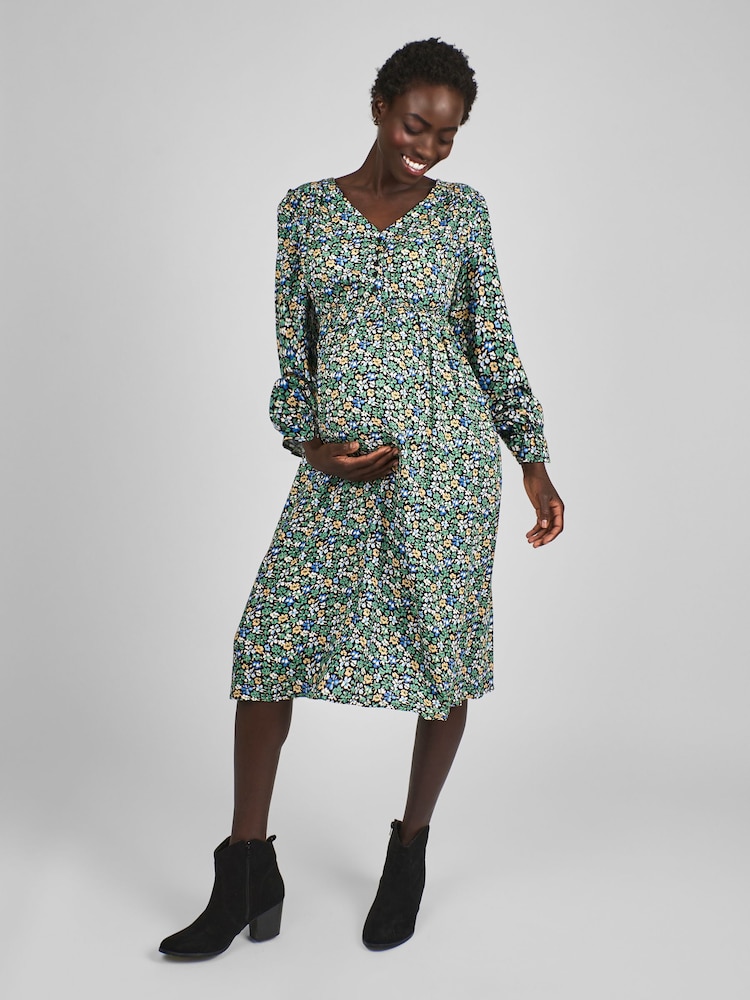 JoJo Maman Bébé Green & Yellow Floral V-Neck Maternity Midi Dress - Image 1 of 4