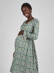 JoJo Maman Bébé Green & Yellow Floral V-Neck Maternity Midi Dress - Image 3 of 4