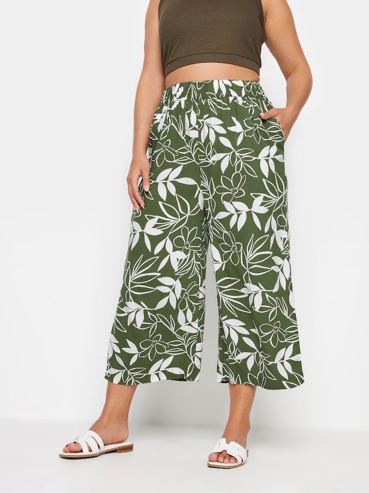 Yours Curve Green Green Leaf Print Cropped Trousers - Image 1 of 5
