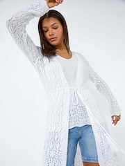Roman White Pointelle Knit Longline Tie Detail Cardigan - Image 1 of 5