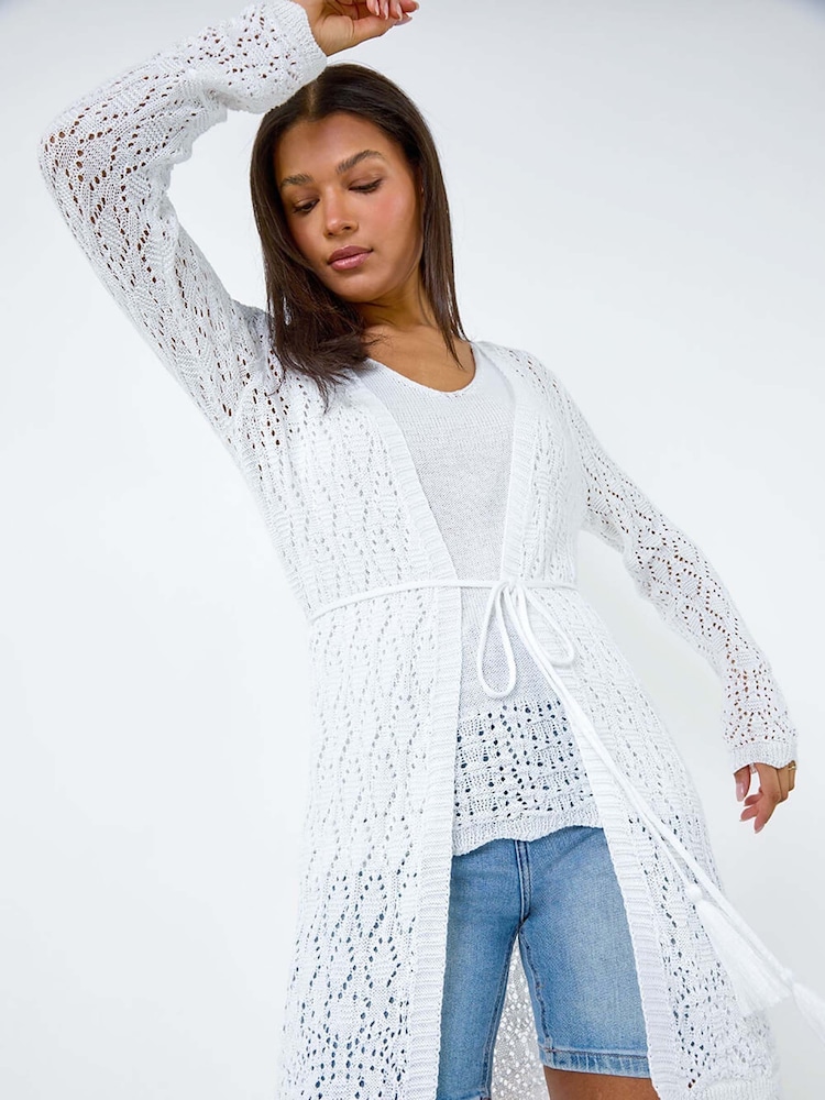 Roman White Pointelle Knit Longline Tie Detail Cardigan - Image 1 of 5