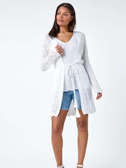 Roman White Pointelle Knit Longline Tie Detail Cardigan - Image 2 of 5