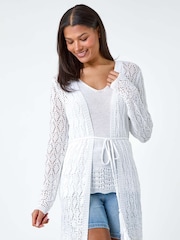 Roman White Pointelle Knit Longline Tie Detail Cardigan - Image 4 of 5
