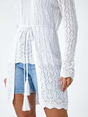 Roman White Pointelle Knit Longline Tie Detail Cardigan - Image 5 of 5