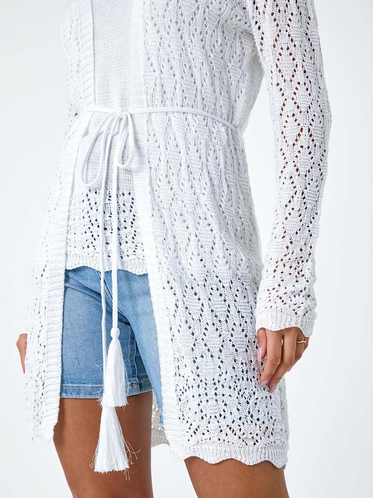Roman White Pointelle Knit Longline Tie Detail Cardigan - Image 5 of 5