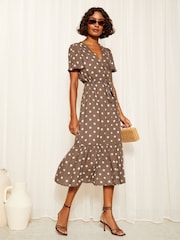 Friends Like These Brown Button Through Puff Sleeve Midi Dress - Image 1 of 4