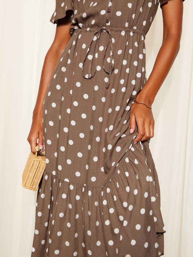 Friends Like These Brown Button Through Puff Sleeve Midi Dress - Image 4 of 4