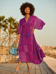 Joe Browns Pink Silky Vibrant Print Tassel Tie Tiered Maxi Dress - Image 1 of 7