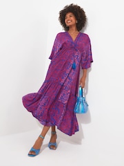 Joe Browns Pink Silky Vibrant Print Tassel Tie Tiered Maxi Dress - Image 4 of 7