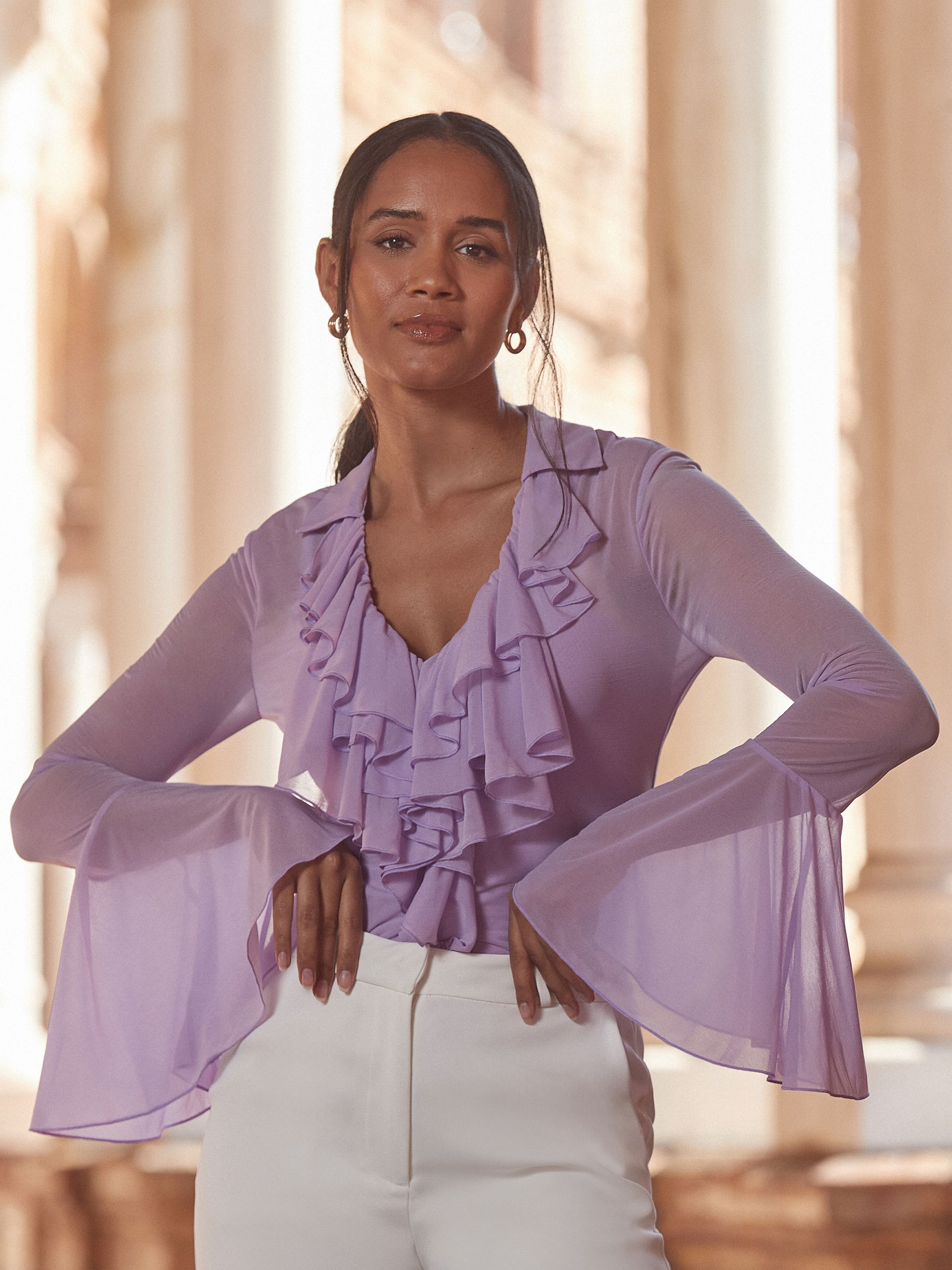 lilac ruffle blouse