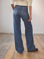 Dark Blue Embellished Wide Leg 100% Cotton Jeans - Image 5 of 5