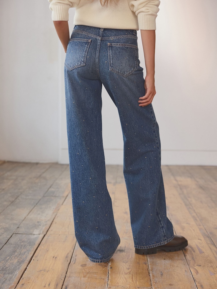 Dark Blue Embellished Wide Leg 100% Cotton Jeans - Image 5 of 5