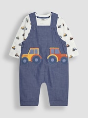 JoJo Maman Bébé Chambray Tractor Appliqué Pocket Dungarees and Top Set - Image 1 of 6