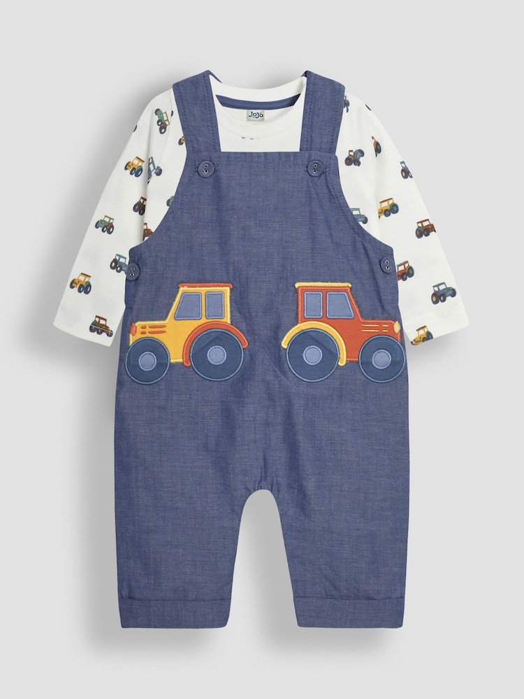 JoJo Maman Bébé Chambray Tractor Appliqué Pocket Dungarees and Top Set - Image 1 of 6 JoJo Maman Bébé Chambray Tractor Appliqué Pocket Dungarees and Top Set - Image 1 of 6