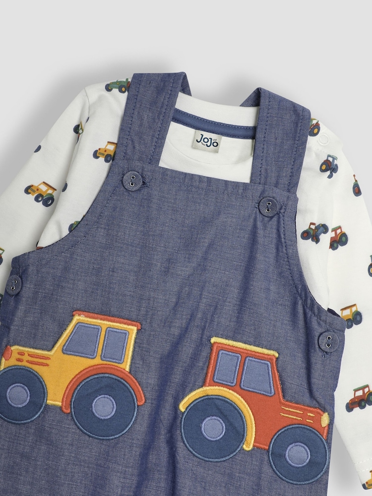 JoJo Maman Bébé Chambray Tractor Appliqué Pocket Dungarees and Top Set - Image 6 of 6