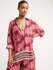 River Island Pink Palm Tree Print Oversized Beach Shirt - Image 3 of 5