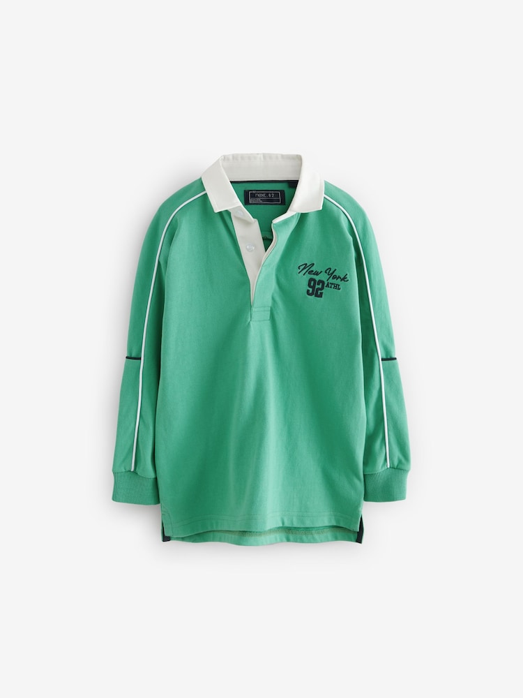 Green Long Sleeve Rugby 100% Cotton Polo Shirt (3-16yrs) - Image 1 of 4