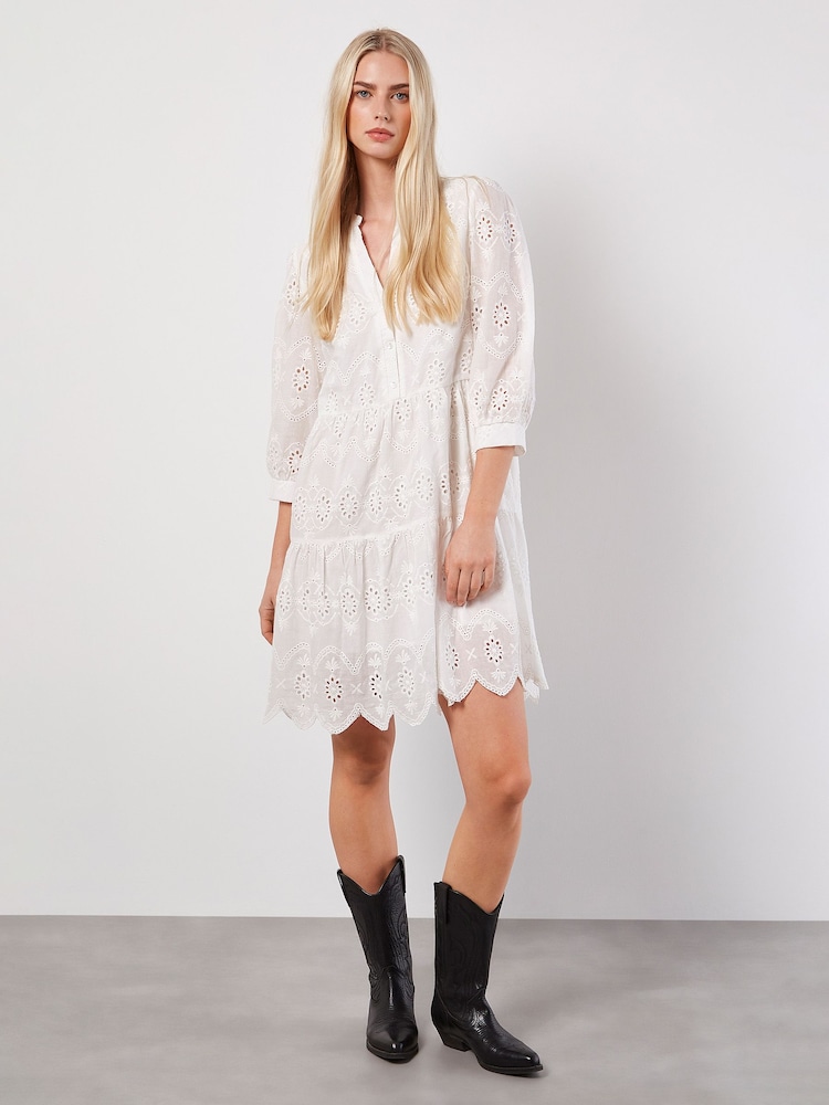 Apricot White 100% Cotton Broderie Anglaise Tiered Mini Dress - Image 1 of 5