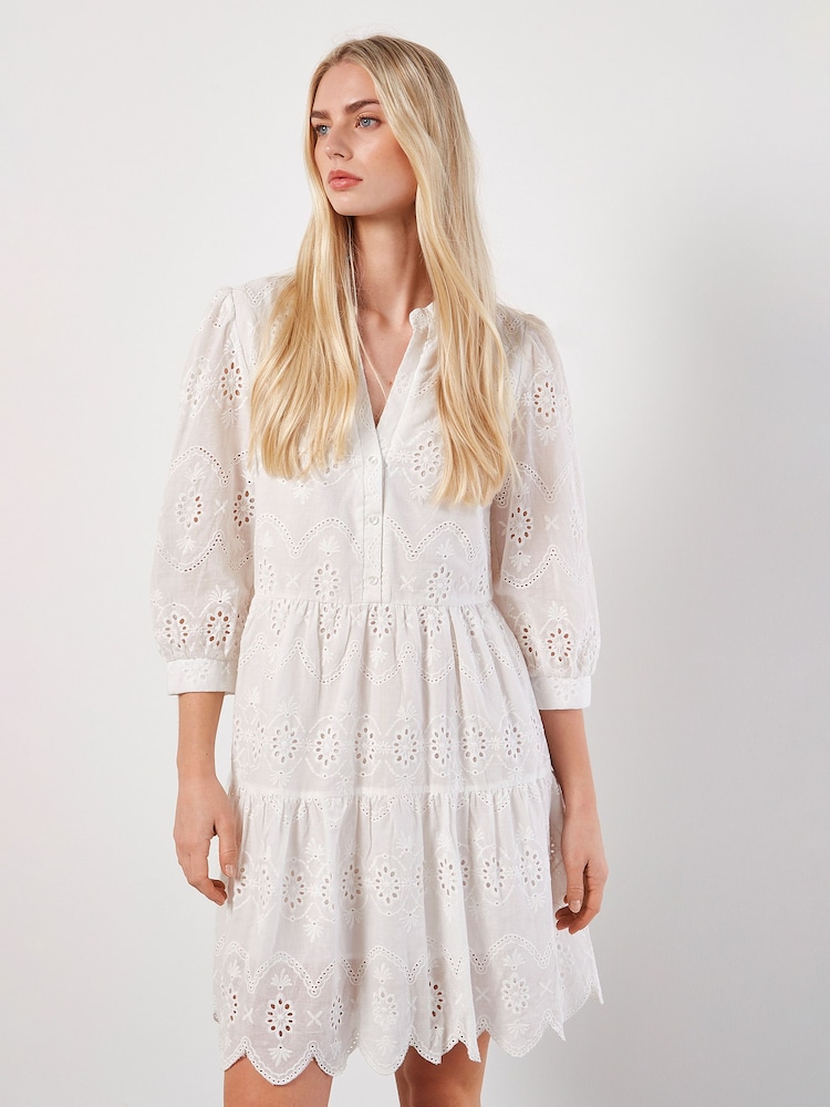 Apricot White 100% Cotton Broderie Anglaise Tiered Mini Dress - Image 5 of 5