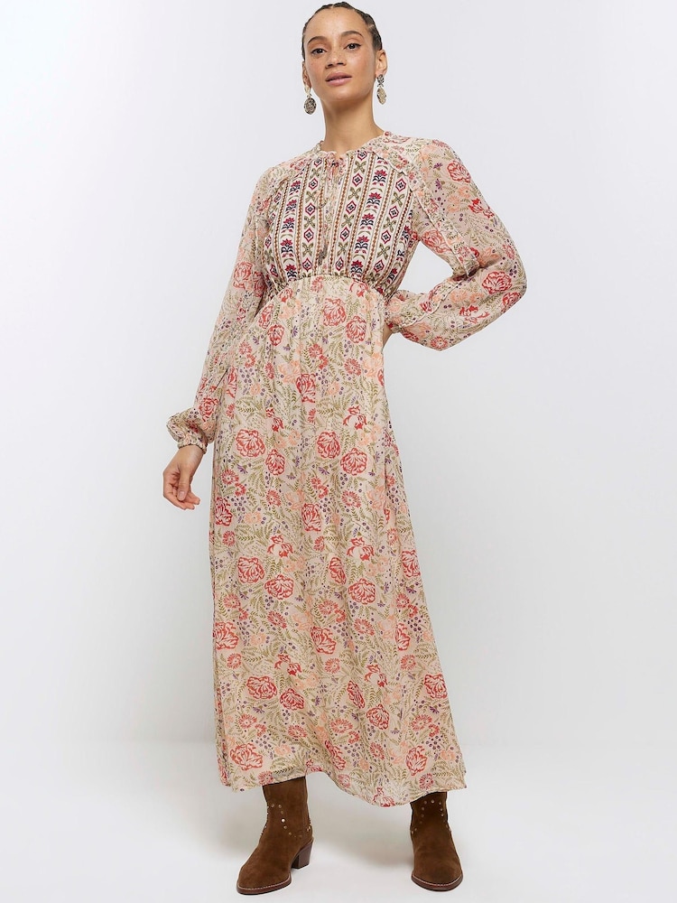 River Island Cream Floral Embellished Smock Midi Dress - Image 1 of 6