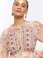 River Island Cream Floral Embellished Smock Midi Dress - Image 4 of 6