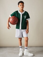 Reiss Dark Green/Optic White Clifton 9-13 yrs Airtex Reversible Basketball Shorts - Image 4 of 6