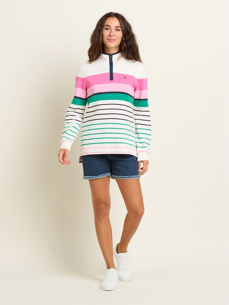 Brakeburn Cream Multi Coloured Stripe Quarter Zip 100% Cotton Sweatshirt - Image 4 of 4