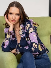 Pour Moi Blue Maggie Recycled Woven Button Through Frill Blouse - Image 2 of 4