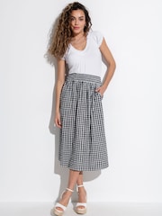 Pour Moi Black Gingham 100% Cotton Deanna Shirred Waist Button Detail Woven Midi Skirt - Image 1 of 4