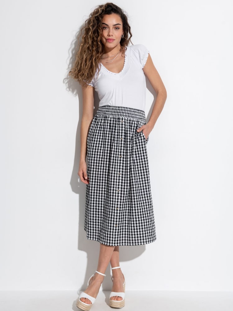 Pour Moi Gingham 100% Cotton Deanna Shirred Waist Button Detail Woven Midi Skirt - Bild 1 von 4 Pour Moi Gingham 100% Cotton Deanna Shirred Waist Button Detail Woven Midi Skirt - Bild 1 von 4
