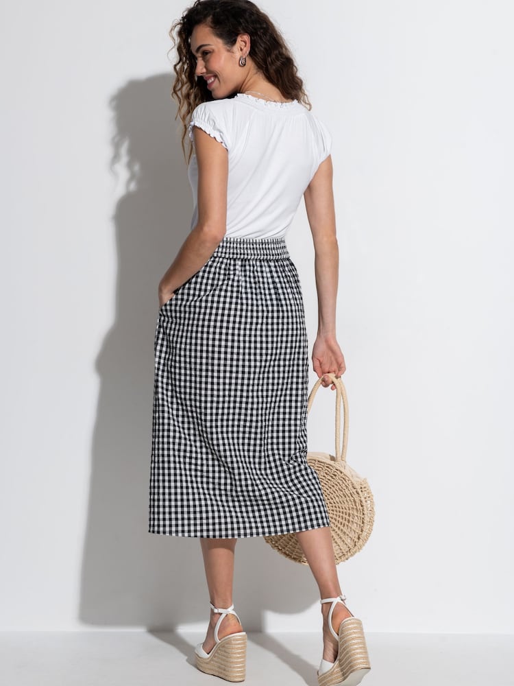 Pour Moi Black Gingham 100% Cotton Deanna Shirred Waist Button Detail Woven Midi Skirt - Image 2 of 4