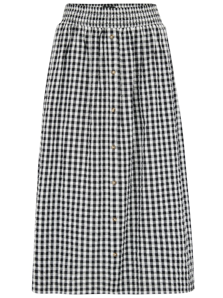 Pour Moi Black Gingham 100% Cotton Deanna Shirred Waist Button Detail Woven Midi Skirt - Image 3 of 4