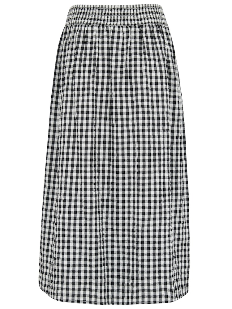 Pour Moi Black Gingham 100% Cotton Deanna Shirred Waist Button Detail Woven Midi Skirt - Image 4 of 4