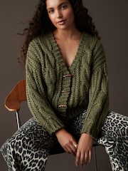 Green Khaki Chunky Knit Button Front Cable Cardigan - Image 1 of 8