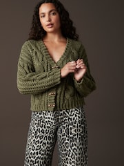 Green Khaki Chunky Knit Button Front Cable Cardigan - Image 2 of 8